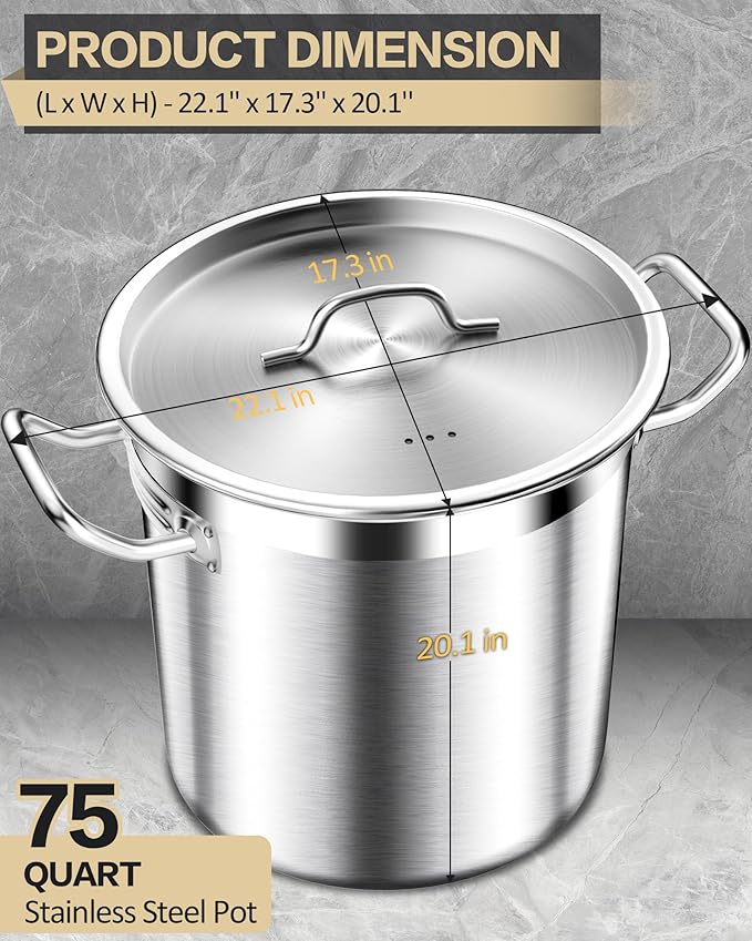 STOCKPOT 75 Quart Commercial Stock Pot with Lid – Restaurant-Grade Stainless Steel Soup Pot, Triple-Layer Even Heat Base, Steam Vent Lid, Induction Ready – Lobster Boils, Catering, Bulk Cooking