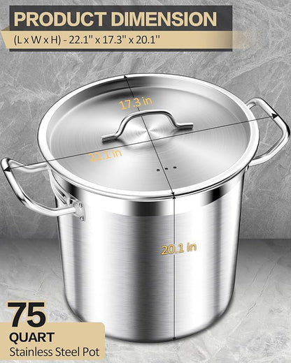 STOCKPOT 75 Quart Commercial Stock Pot with Lid – Restaurant-Grade Stainless Steel Soup Pot, Triple-Layer Even Heat Base, Steam Vent Lid, Induction Ready – Lobster Boils, Catering, Bulk Cooking