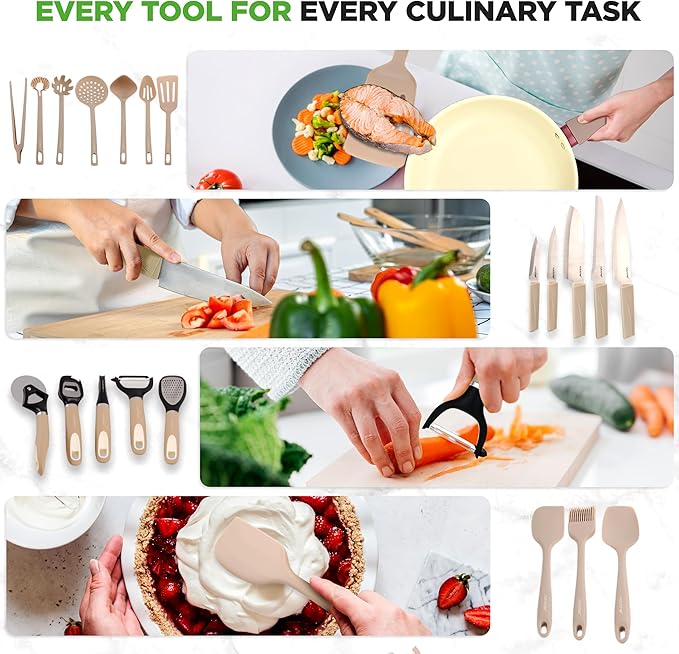 NutriChef 75-Piece Non-Stick Pots and Pans Set, Complete Ceramic Cookware Set with Bakeware, Utensils, Knife Set, & Accessories, Stain-Resistant, Food-Grade Safe, Cream/Brown - Image 5