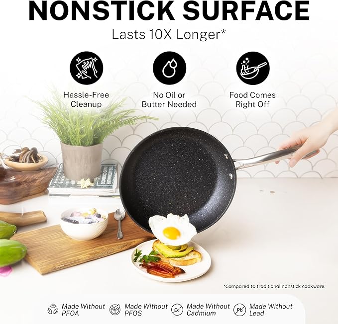 Granitestone 20 Pc Pots and Pans Set Nonstick Kitchen Cookware Set with Frying Pan, Bakeware & Steamer, Diamond Infused, Non Toxic PFOA PFOS Free, Metal Utensil Safe, Oven & Dishwasher Safe, Black - Image 3