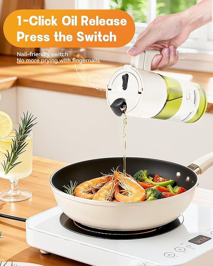 OURCABECUE Upgrade 2 in 1 Oil Sprayer for Cooking, 17oz Light-Blocking Glass Olive Oil Dispenser Bottle for Kitchen,Food-Grade Oil Mister with 8 Stickers for Salad, Frying (Green Bottle-White Gap) - Image 4