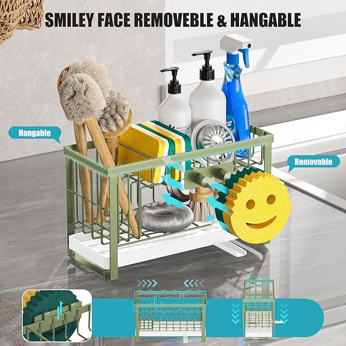 Sponge Holder for Kitchen Sink with Flexible Sink Caddy Smiley Face,2 Tier Kitchen Sink Organizer Countertop and Storage Essentials,Soap Dispenser Organize,Home Decor Accessories-Green - Image 3