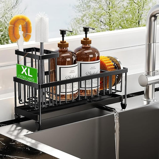 Cisily Sponge Holder for Kitchen Sink, Sink Caddy Organizer with High Brush Holder, Kitchen Countertop Organizers and Storage Essentials, Rustproof 304 Stainless Steel (Black, 10.62″) by CISILYHOMELIFE
