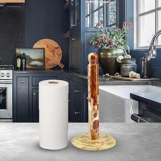 Handmade Green Onyx Paper Towel Holder – Unique Natural Stone Stand for Kitchen or Bathroom – Translucent Green Marble with Ivory Veining – Luxury Housewarming Gift