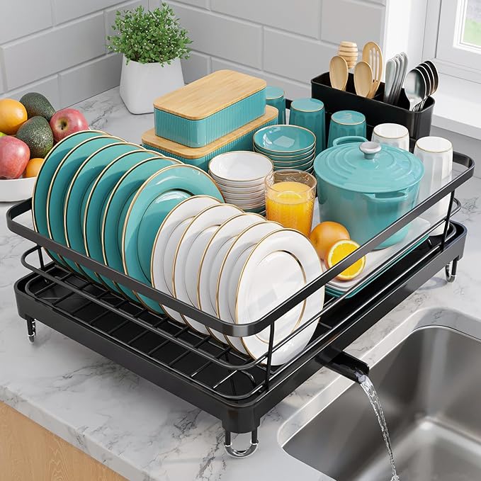 Sakugi Stainless Steel Dish Drying Rack for Kitchen Counter, Sink Organization and Storage Essentials with Silverware & Utensil Holder, Home and Apartment Decor, 12.5''W x 16.5'L, Black by Sakugi
