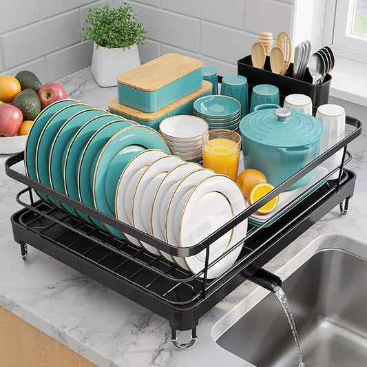 Sakugi Stainless Steel Dish Drying Rack for Kitchen Counter, Sink Organization and Storage Essentials with Silverware & Utensil Holder, Home and Apartment Decor, 12.5''W x 16.5'L, Black by Sakugi