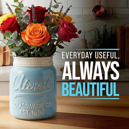 Comfify Wide Mouth Mason Jar Utensil Holder Decorative Kitchenware Organizer Crock, Dishwasher Safe - Kitchen Caddy Aqua Blue for Countertop, Large Size 7" Hight - Image 6