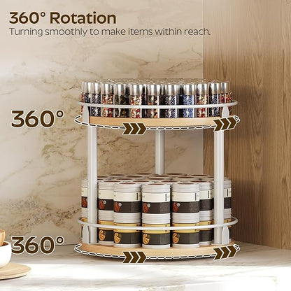 YATINEY Lazy Susan Organizer, Rotating Spice Rack, 2 Tier Spice Turntable Organizer, Industrial Turntable Spice Holder, for Kitchen Countertop, Compact and Versatile, White and Natural SR22WN - Image 2