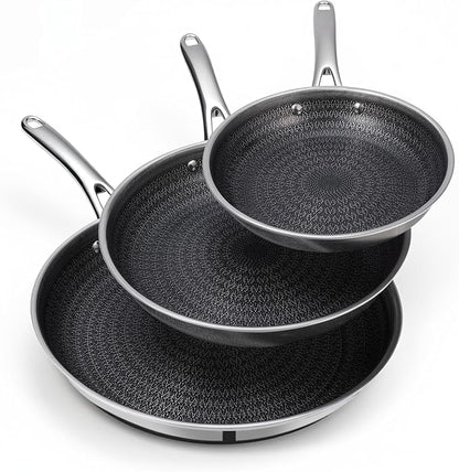 Ammeloo Hybrid Tri-Ply Stainless Steel Frying Pan Set, 8"/9.5"/11" Cooking Pans, Non Stick Frying Pans and Skillets, Chef Pan, Non Toxic, Dishwasher Safe, Induction Compatible, Black Interior