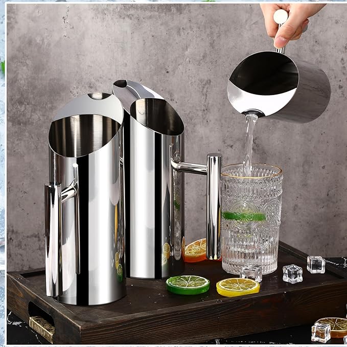 Funnymoom 3 Pack 35oz/1l Stainless Steel Water Pitcher Modern Metal Pitcher with Ice Guard Silver Carafe Drink with Handle or Iced Hot Drink Tea Juice Coffee Beer - Image 4