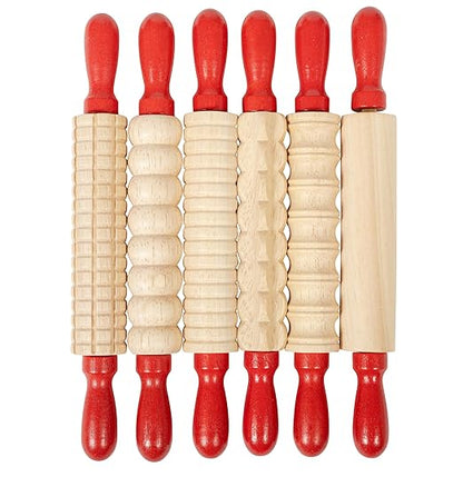 READY 2 LEARN Mini Textured Wooden Rolling Pins | Set of 6 | 7.25 inches | Turning Handles | Rollers for Kids' Dough, Crafts, Imaginative Play
