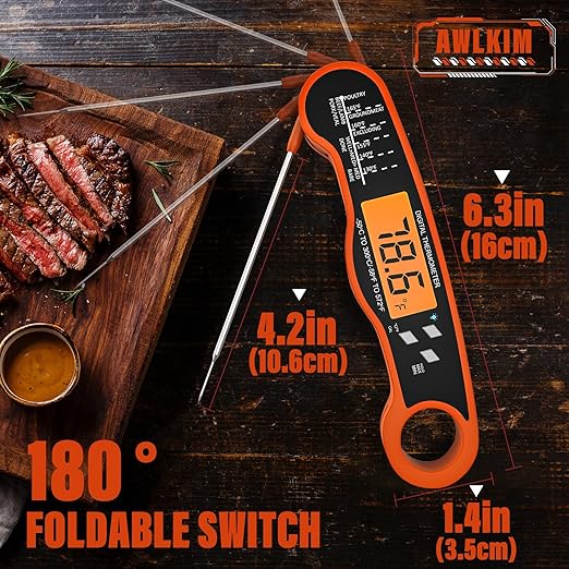 AWLKIM Digital Meat Thermometer with Doneness Chart, 2-Sec Instant Read Food Thermometer for Cooking, Grilling, Oven, Air Fryer - Waterproof Backlit Magnetic Flip Probe, Gift for Men, Dad - Orange - Image 3