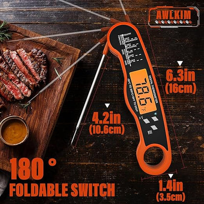 AWLKIM Digital Meat Thermometer with Doneness Chart, 2-Sec Instant Read Food Thermometer for Cooking, Grilling, Oven, Air Fryer - Waterproof Backlit Magnetic Flip Probe, Gift for Men, Dad - Orange - Image 3