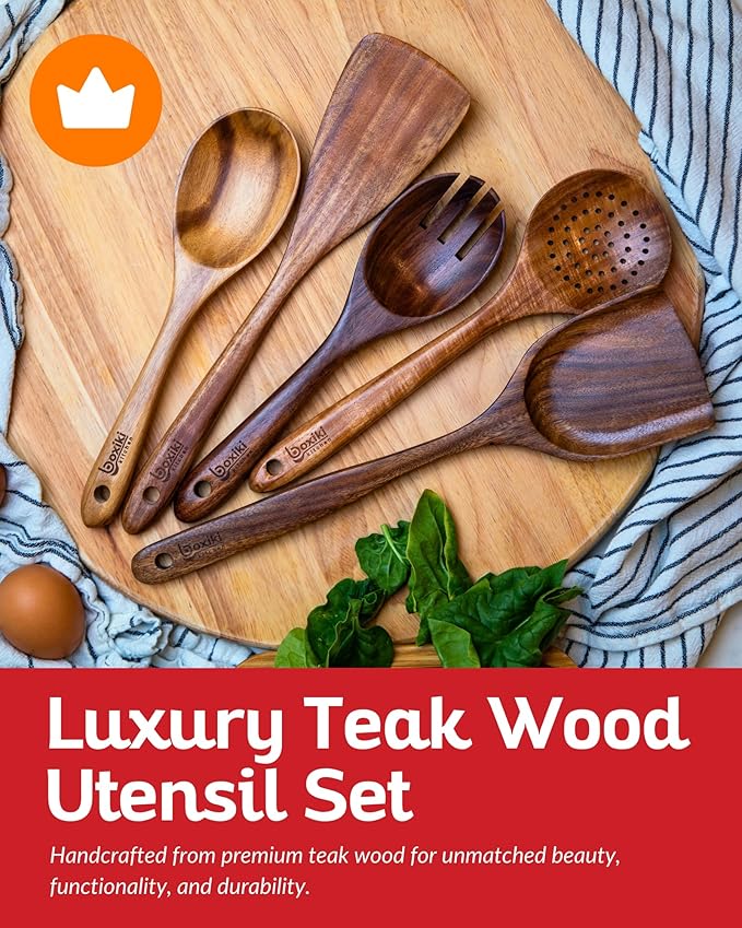 Boxiki Kitchen Luxury Teak Wood Utensil Set - Elegant 6-Piece Cooking Ensemble Including Spoons, Server, Scraper & Spatula - Expertly Crafted for Culinary Excellence - Image 2