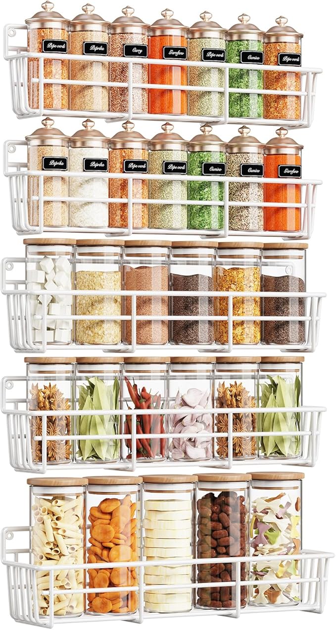 Mystozer 5 Pack Spice Rack Seasoning Organizer Wall Mount, Kitchen Organization Kitchen Storage Spice Shelf Screw or Adhesive Hanging Shelf Basket Spice Organizer Shelf for Kitchen, Pantry (White) by Mystozer