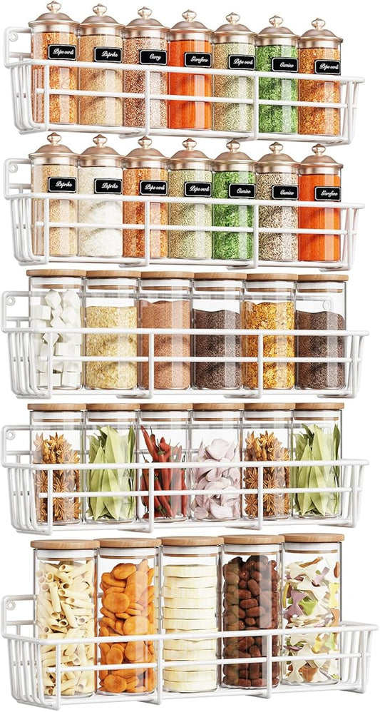 Mystozer 5 Pack Spice Rack Seasoning Organizer Wall Mount, Kitchen Organization Kitchen Storage Spice Shelf Screw or Adhesive Hanging Shelf Basket Spice Organizer Shelf for Kitchen, Pantry (White) by Mystozer