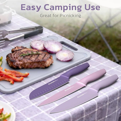 Astercook Knife Set, 13 Pieces Kitchen Knives Set with Healthy Anti-Rust Coating, Dishwasher Safe, Stainless Steel Chef Knife Sets with 6 Blade Guards, Perfect Mothers Day Gifts for Kitchen Purple - Image 5