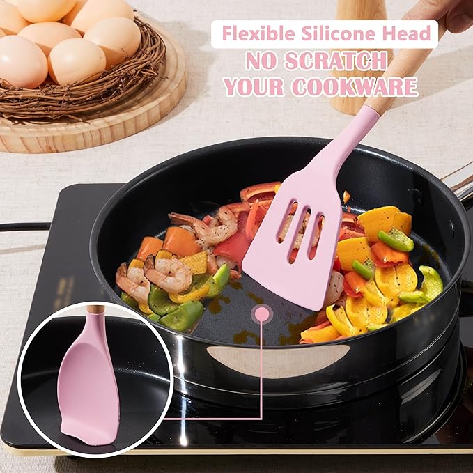 E-far Silicone Cooking Utensils Set, 5-Piece Kitchen Utensils Set with Wooden Handle for Cooking, Silicone Kitchen Nonstick Tools Spatula Turner Slotted Spoons, Nontoxic & Heat Resistant-Pink - Image 4