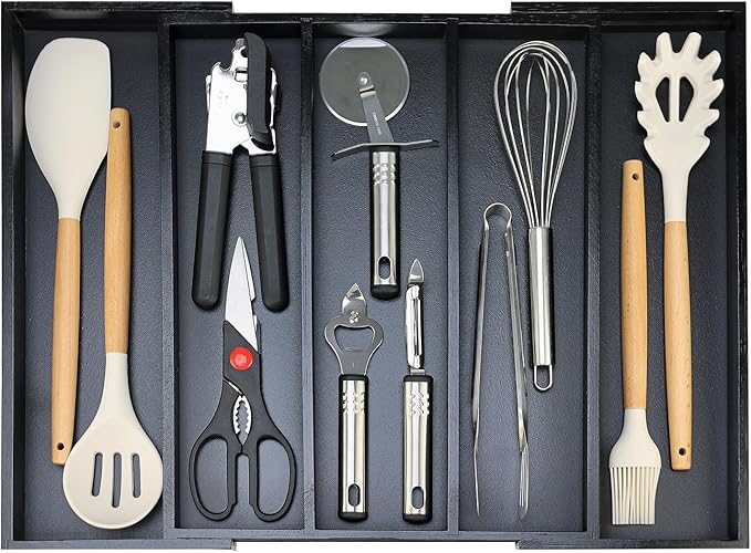 Expandable Large Kitchen Utensil Drawer Organizer Storage Black Bamboo Silverware Organizers Tray Divider Adjustable Spoon Flatware Organizer Wood Cutlery Tray Cooking Utensils Tool Holder Drawer by Hilislog