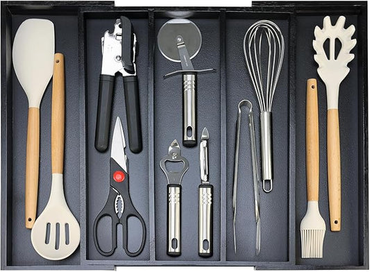 Expandable Large Kitchen Utensil Drawer Organizer Storage Black Bamboo Silverware Organizers Tray Divider Adjustable Spoon Flatware Organizer Wood Cutlery Tray Cooking Utensils Tool Holder Drawer by Hilislog