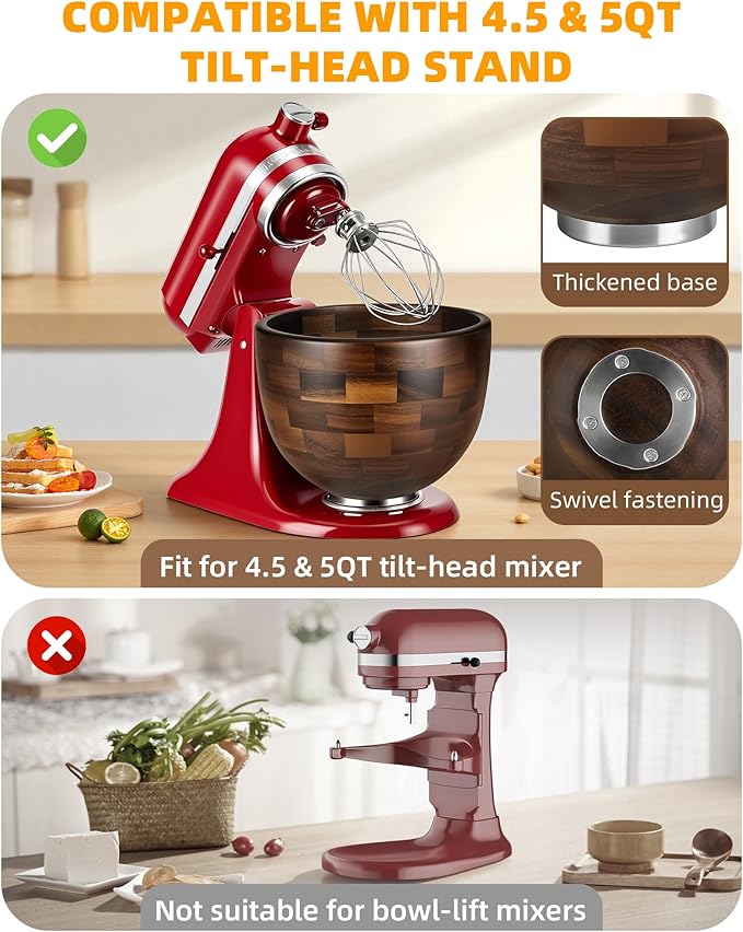 Premium Walnut Wood Mixing Bowl, Compatible with KitchenAid 4.5 & 5 QT Tilt-Head Mixers, Natural True Walnut Wooden Bowl with Stainless Steel Locking Base, 5QT (9.4")