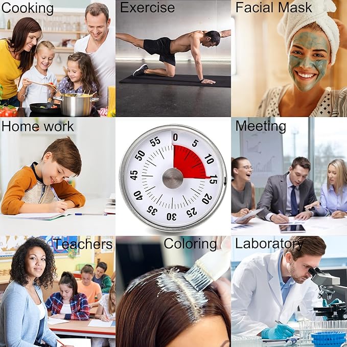 Visual Kitchen Timer for Cooking and Kids with Loud Alarm, Classroom Timers for Desk, No Batteries Required, Mechanical Desk Timer, Magnetic Egg Timer for Study, Chef Clock, Stainless Steel, Countdown - Image 8