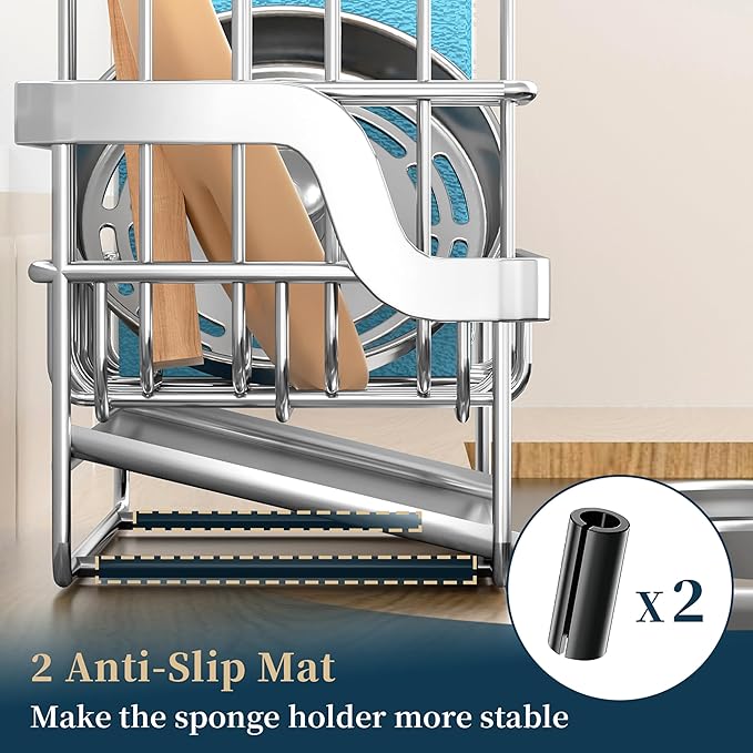 Consumest Sponge Holder for Kitchen Sink - Sink Caddy with Stainless Steel Self Drain Tray, Sink Organizer with High Brush Holder Countertop for Kitchen Sink Accessories, Silver - Image 6