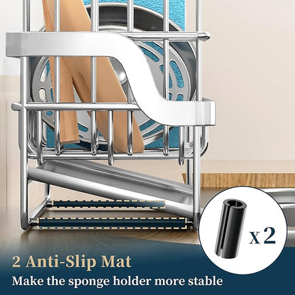 Consumest Sponge Holder for Kitchen Sink - Sink Caddy with Stainless Steel Self Drain Tray, Sink Organizer with High Brush Holder Countertop for Kitchen Sink Accessories, Silver - Image 6