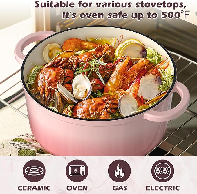 Umite Chef Enameled Cast Iron Dutch Oven-7QT Pot with Lid Cookbook & Cotton, Heavy-Duty Cookware for for Bread Baking, Braising, Stews, Marinate, Cook(Pink) - Image 4