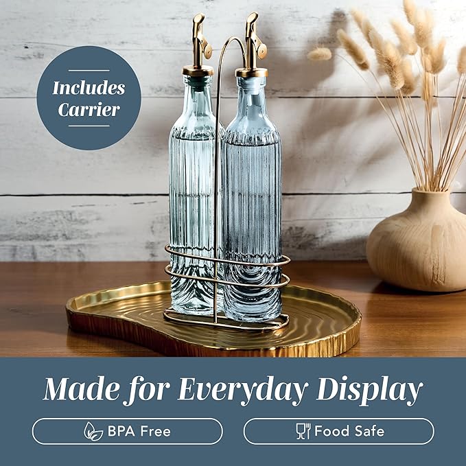 COOK WITH COLOR Glass Olive Oil Bottle Dispenser - 2 Pack- 17oz Oil and Vinegar Cruet - Olive Oil Carafe Decanter for Kitchen, Elegant Fluted, Blue - Image 6