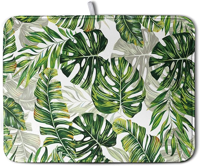 Tropical Palm Leaves Dish Drying Mat for Dishes 16x18 Inch Spring Green Monstera Leaf Drying Mat Watercolor Herbs Dish Drainer Mat Super Absorbent Dish Rack Pad for Coffee Bar Sinks by Kwlegh