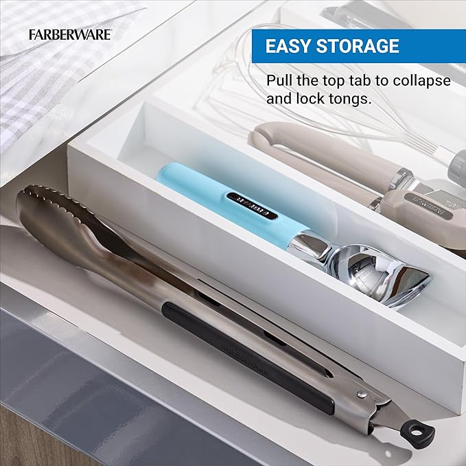 Farberware Stainless Steel Kitchen Tongs 12 Inch Locking Heat Resistant Ergonomic Handle Scalloped Tips Durable Dishwasher Safe Cooking and Serving Tool