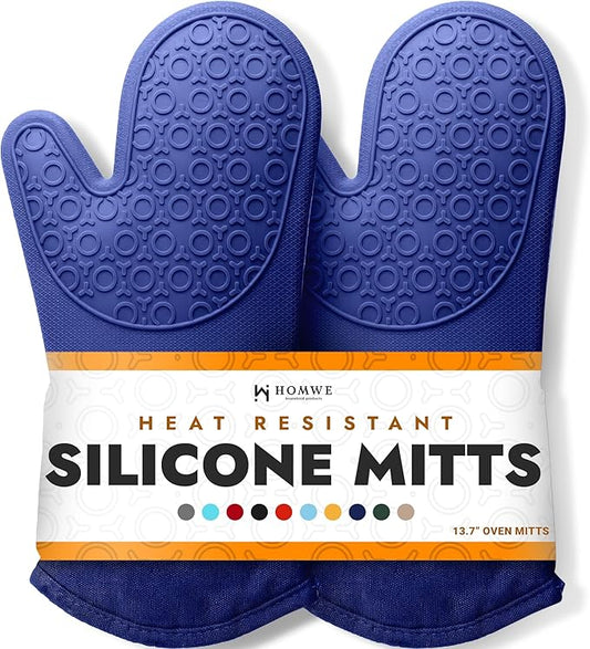 BPA-Free Soft Silicone Oven Mitts - Ultra Heat Resistant Oven Mitts with Thick Cotton Liner - Long Slip Resistant Pot Holders, Flexible Oven Gloves - Royal Blue 13.7" by HOMWE