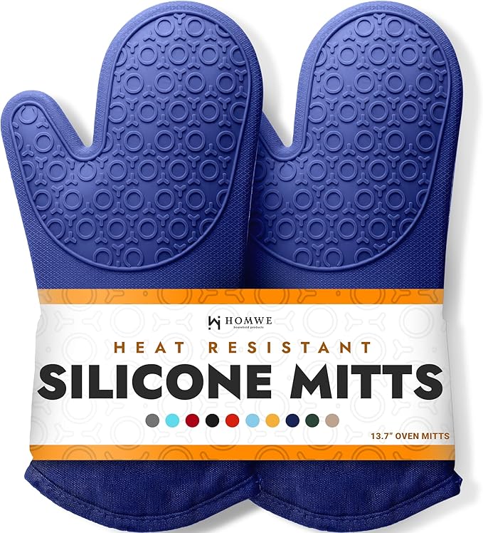 BPA-Free Soft Silicone Oven Mitts - Ultra Heat Resistant Oven Mitts with Thick Cotton Liner - Extra Long Slip Resistant Pot Holders, Flexible Oven Gloves - Navy 14.7" by HOMWE