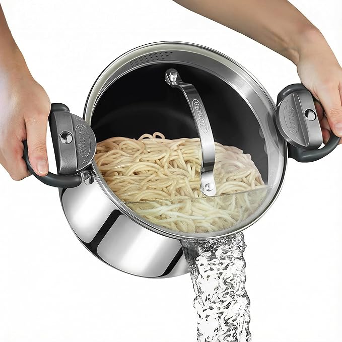 GOTHAM STEEL 8 Qt Nonstick Pasta Pot with Strainer Lid, Stainless Steel Stock Pot, Twist & Lock Handles, 2 Strainer Sizes, PFOA Free, for Soup & Spaghetti, Induction Ready, Oven & Dishwasher Safe by GothamSteel
