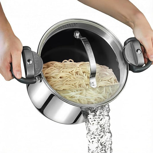 GOTHAM STEEL 8 Qt Nonstick Pasta Pot with Strainer Lid, Stainless Steel Stock Pot, Twist & Lock Handles, 2 Strainer Sizes, PFOA Free, for Soup & Spaghetti, Induction Ready, Oven & Dishwasher Safe by GothamSteel