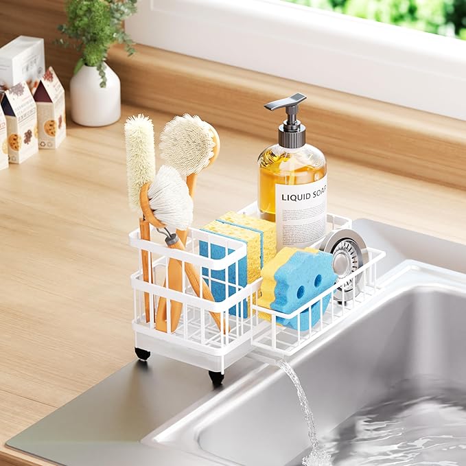 Consumest Sponge Holder for Kitchen Sink - Auto Draining Sink Caddy Organizer with Detachable Rack, High Brush Holder, Kitchen Countertop Storage Accessories, White - Image 8