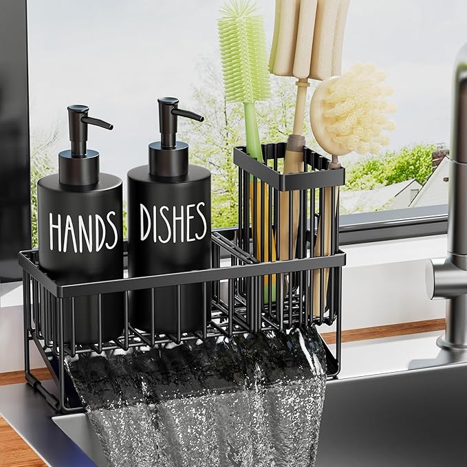 MASADI Kitchen Dish Soap Dispenser Set with Sponge Holder, 12OZ Glass Bottle, Hand and Dish Soap Dispenser Set, Non-Slip Silicone Pad, Brush Holder, Kitchen Sink Organizer Countertop (Black) - Image 4