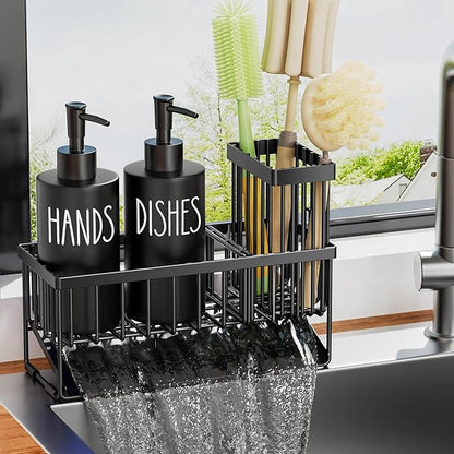 MASADI Kitchen Dish Soap Dispenser Set with Sponge Holder, 12OZ Glass Bottle, Hand and Dish Soap Dispenser Set, Non-Slip Silicone Pad, Brush Holder, Kitchen Sink Organizer Countertop (Black) - Image 4