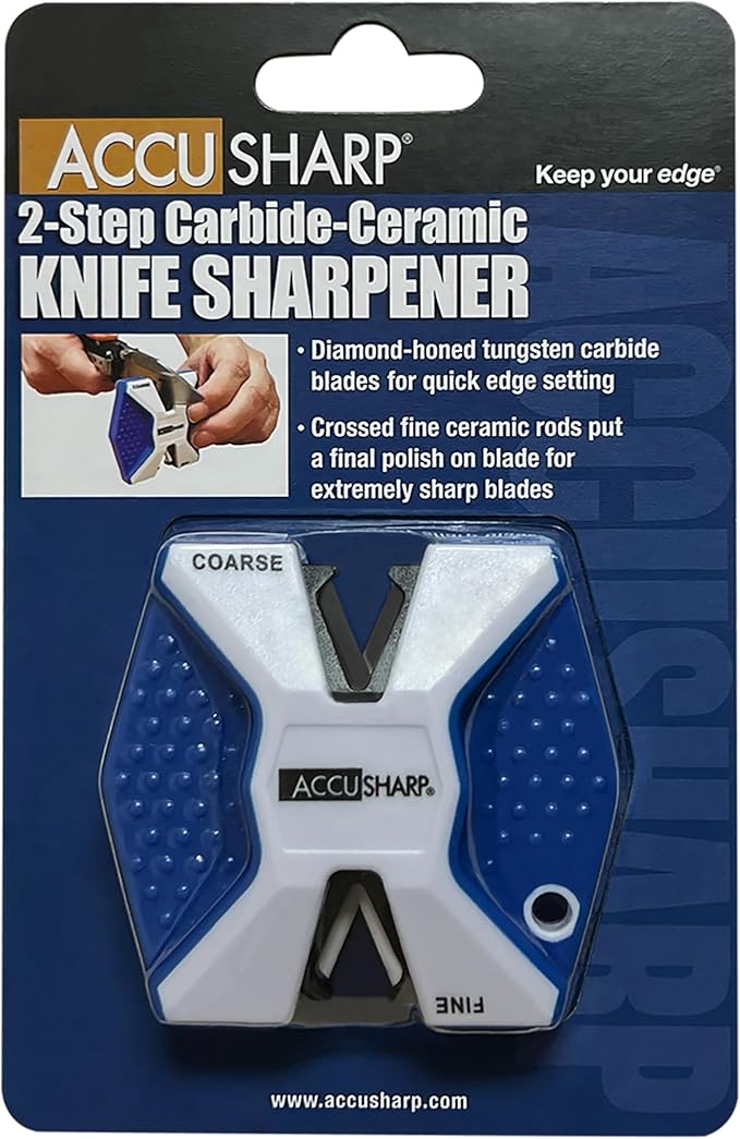 AccuSharp Pull Through Knife Sharpener Keychain, 2-Stage Sharpener for Straight or Serrated Kitchen Knives, Handheld Tool for Fishing & Hunting, White/Blue - Image 2