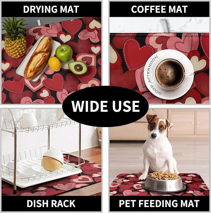 Valentine Dish Drying Mat for Kitchen Counter Red Black Love Heart Drying Pad Microfiber Absorbent Coffee Bar Mat Heat Resistant Countertop Protector Dishes Drainer Mat 16x18 Inch - Image 7