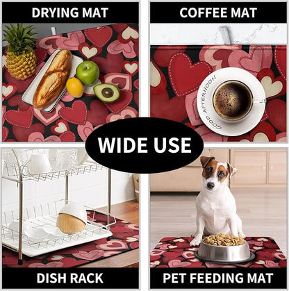 Valentine Dish Drying Mat for Kitchen Counter Red Black Love Heart Drying Pad Microfiber Absorbent Coffee Bar Mat Heat Resistant Countertop Protector Dishes Drainer Mat 16x18 Inch - Image 7
