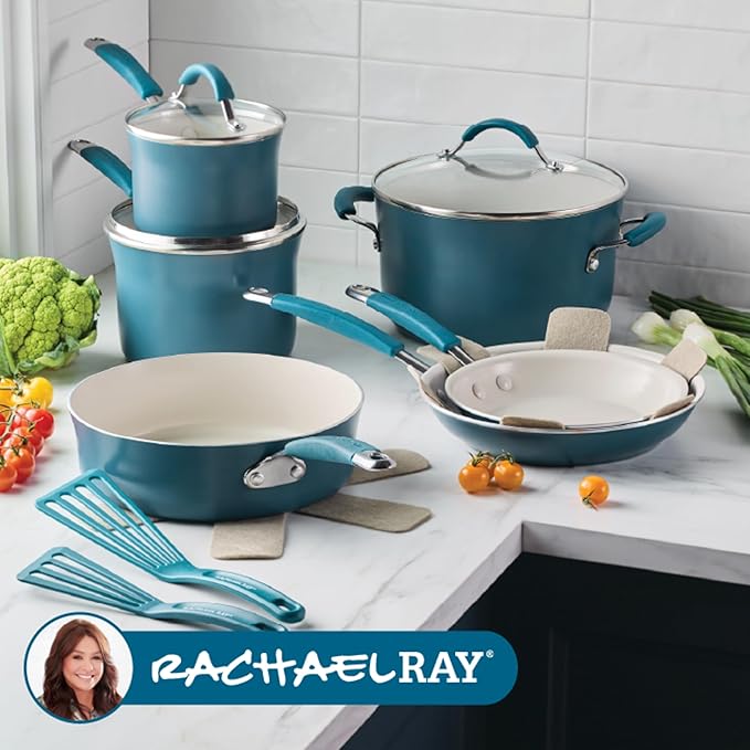 Rachael Ray Cucina Ceramic Cookware Set - 13 Pieces - Ceramic Pots and Pans Set w/Nonstick Frying Pans, Saute Pan, Saucepans, Stockpot, Lids, Pan Protectors & Cooking Utensils - Marine Blue - Image 8