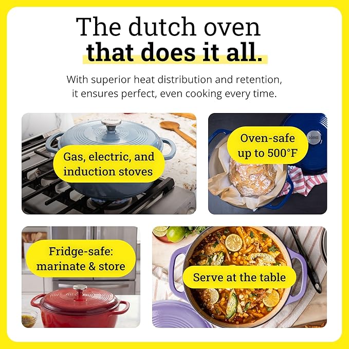 Lodge Essential Enamel Cast Iron Dutch Oven - Perfect for Bread Baking, Braising, Marinating & Slow Cooking - Features Moisture-Sealing Lid & Dual Handles - Kitchen Essentials - 6 Quarts - Lagoon - Image 4