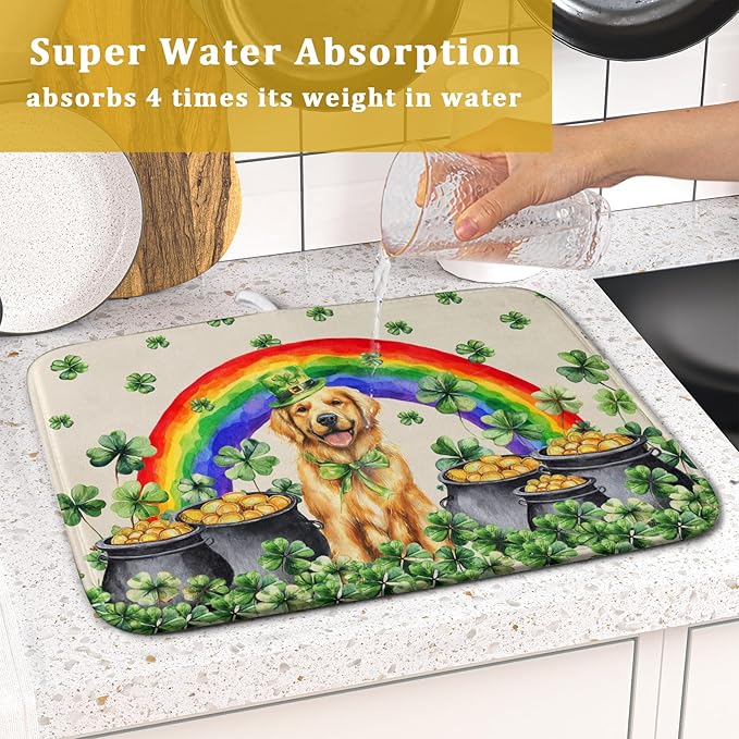 St Patricks Day Drying Mat Samll Lucky Clovers Green Kitchen Decor Counter Mats for Dog Lover - Image 7