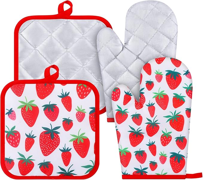 4 Pcs Oven Mitts and Pot Holders Cute Strawberry Oven Gloves and Pot Holders Non Slip Heat Resistant Ovens Mitts for Cooking Baking Accessories Fruit Themed Kitchen Linens, 6"x12" by Unknown