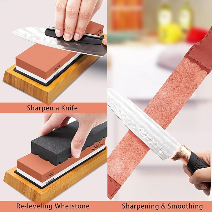 HMPLL Knife Sharpening Stone Set, Professional Whetstone 4 Side Grit 400/1000 3000/8000, Whetstone Knife Sharpener Stone Set Include Non-slip Base, Leather Strop, Flattening Stone & Angle Guide - Image 4