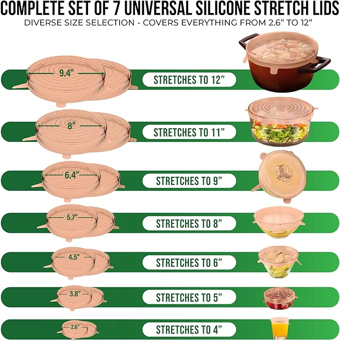 Reusable Silicone Stretch Lids for Food Storage in Fridge - Elastic Heat-Resistant Bowl Covers, Cups, Cans, Jars - Universal Food Grade Lid for Containers - 7 Pack - Apricot Stretchy Lid Set - Image 2