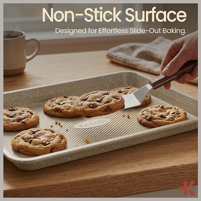 Diamond Bottom Cookie Sheet Set of 2, Nonstick White Marble Carbon Steel Baking Pans for Crisp Baking, Space-Saving Stackable Trays, PFOA, PFOS, PTFE Free, Oven Safe Up to 450°F, Small & Medium Pans - Image 5