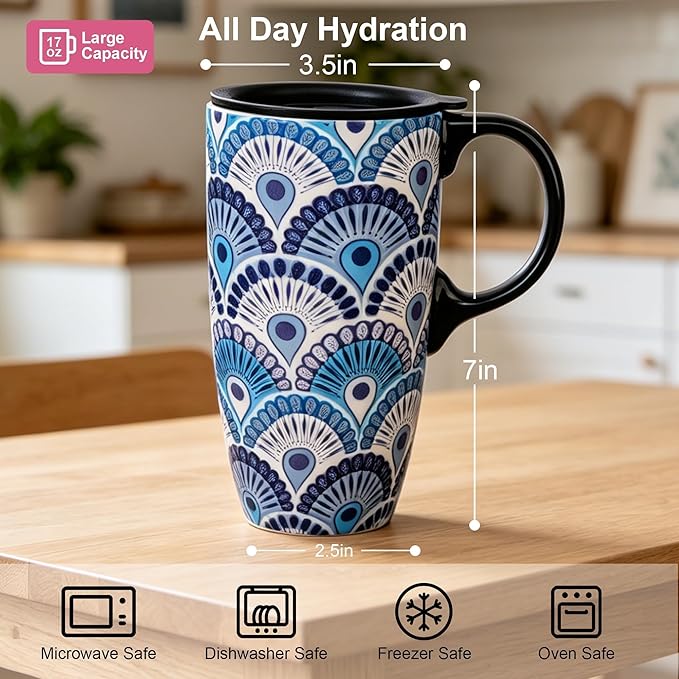 Topadorn Ceramic Travel Mug with Lid and Handle Ceramic Coffee Mug Ceramic Latte Teacup in Color Box 17 Oz, Splash Resistant Lid - To Go Tumbler for Car Cup Holder, Blue